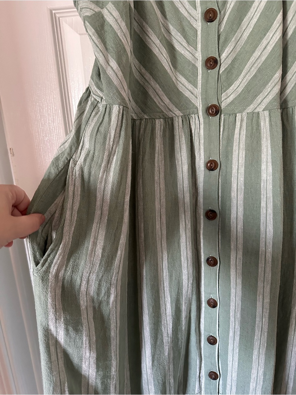 Striped Button-Front Sundress in Sage Green - Picture 3 of 5
